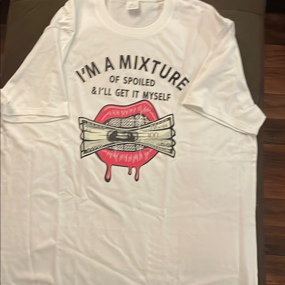 White Graphic T-Shirt with Lip and Money Design